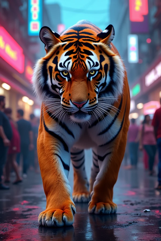 Indian bengali tiger in mumbai city road side people walking around us in neon lights