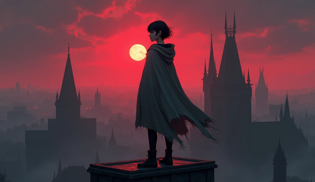 "21yo girl with short dark hair and a tattered grey cloak, black pants. she stands on top of a building in a gothic fantasy city. the sky has a red glow and ash is falling, twilight, night photography."