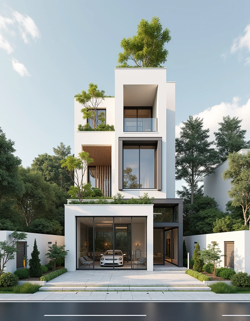 masterpiece, (photorealistic:1.2), best quality, ultra high res, exterior,architechture,modern house,white wall, glass windows,,trees,traffic road,design,trees around, blue sky,in the style of realistic hyper-detailed rendering, 32k uhd, low-angle, composite construction, piles/stacks, innovative page design, daylight,render( Vray:1.1)