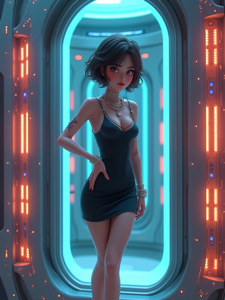 a pretty girl, wearing tight black dress, in a teleport machine, short brown hair, vibrant colors, futuristic, sparkling jewelries, real cartoon 3D, fantasy
