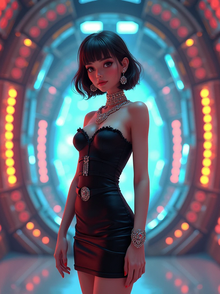 a pretty girl, wearing tight black dress, in a teleport machine, short brown hair, vibrant colors, futuristic, sparkling jewelries, real cartoon 3D, fantasy