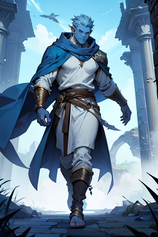 dnd male goliath sorcerer with blue skin and white robe