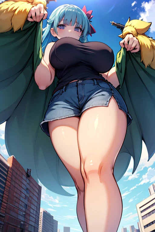 High quality, super detailed, 4K,1girl, 独奏, beautiful girl.straight long hair.Indigo blue hair.purple eyes.Big tits. Glamour,Anime Giant, Giant, masterpiece, Highest quality, Perfect Skin, Detailed eyes, anime Giant, , Tank topを着て, Very good, View from below, Large Breasts, Big Breasts, Thick thighs, Big butt, View from below, Low - Angle, Low Shot, 非常に巨大なGiant, sporty, Toned Up, Huge breasts, Huge breasts, have confidence, mature Giant, , Outdoor, Background Sky, Giant growth, Get bigger, , giga Giant, huge Giant, Confident, close, Tank top, Looking down at the viewer