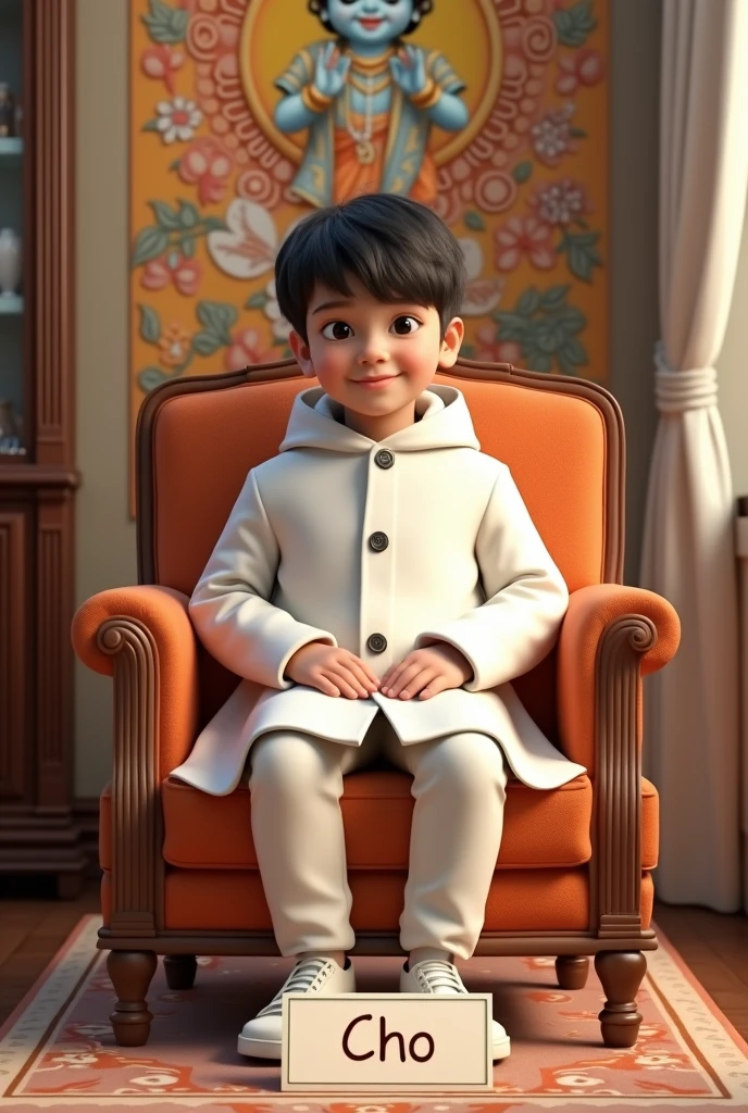 White coat wear a adult boy sitting on chair with write a name of CHO in front of chair with label ,at back of wallpaper behind the chair with happy Krishna Janmashtami with krishna photo
