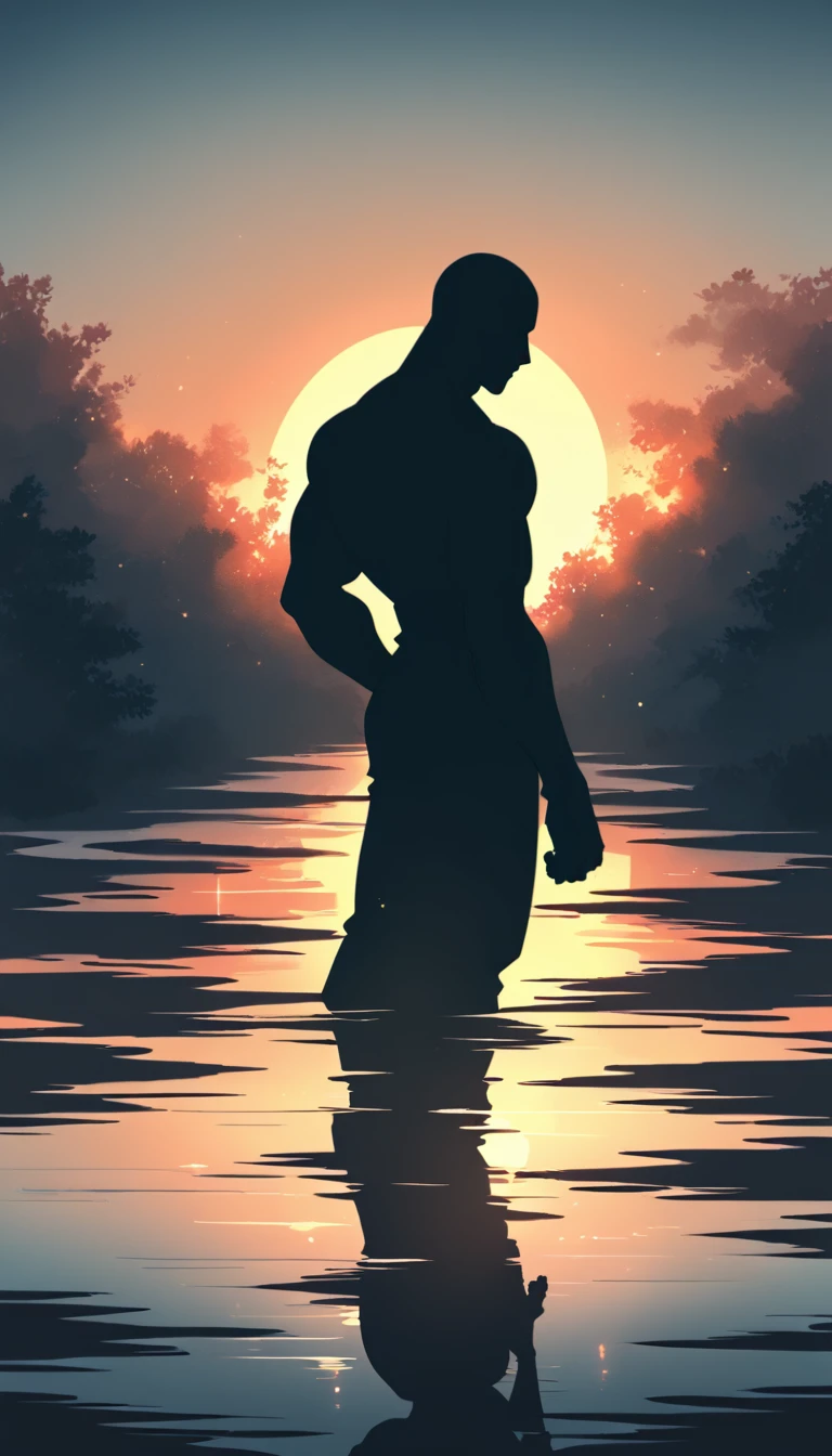 A Strong Buddhist muscular man stands in the smoke, Black jumpsuit, Very tight, Silhouette effect, Tall muscular man, Priapus, Dark Black, Dark black skin, Buzz Cut, His muscles are very developed, Very tall, short hair, Blend into the smoke, Lake, Reflection, Sunset, Sunset, Man silhouette, Chinese, black and white, Simple style