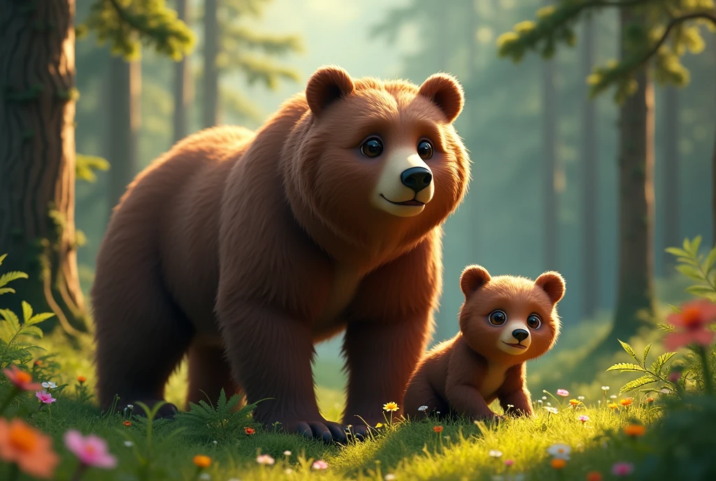 a brown bear, a baby bear, a forest, detailed forest scenery, detailed bear fur, detailed eyes and face, photorealistic, 8k, high quality, masterpiece, cinematic lighting, vibrant colors, natural lighting