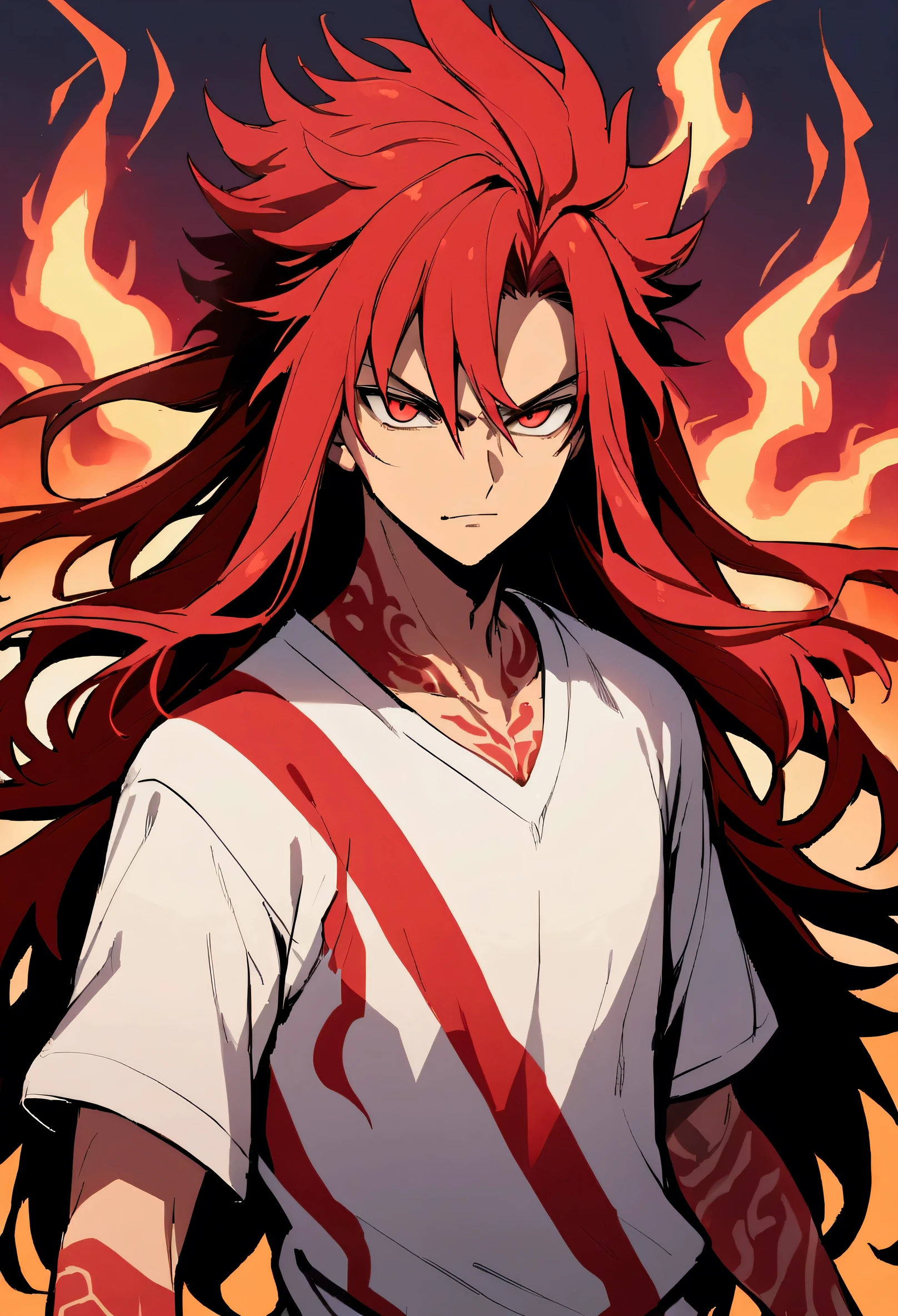  boy, spiky hair, long hair, bright red hair, big strip, Eyes red, serious face, simple smile, loose, flared white shirt, red tattoos on the body, fiery aura.