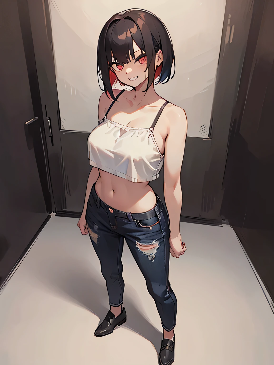 1girl,6yo,(petite),outdoor,grin,camisole,navel,denim shorts,socks,short hair,black hair(Uhd, Masterpiece, Textured Skin, Super Detail, High Details, High Quality, Best Quality), Detailed Face, 1woman, mature pretty woman, Long red hair, (Fashion Black crop top shirt), (black pants), (Huge Body:1.5, tall), standing (full body view), (Low-sized breasts), (Office room)