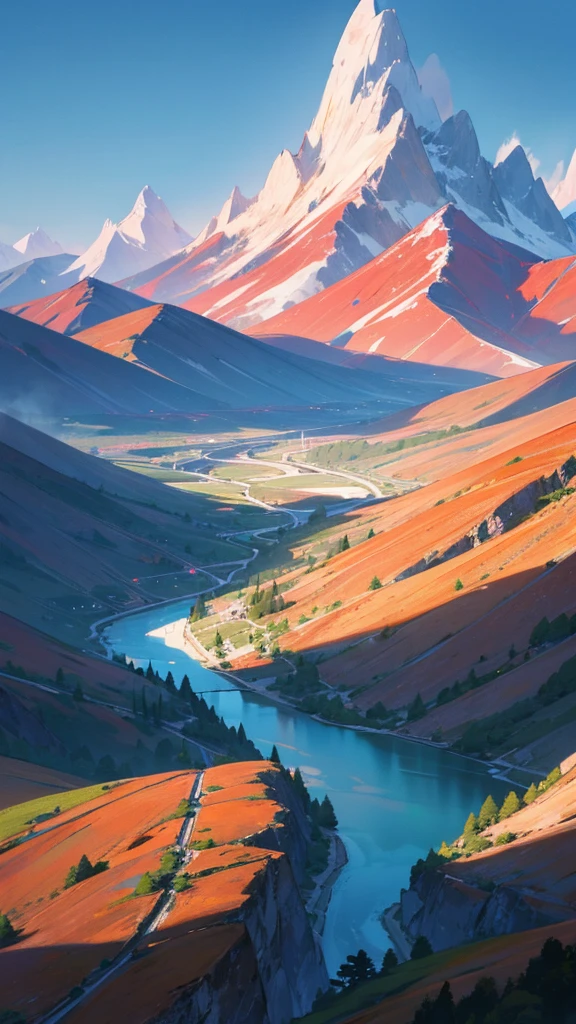 A mesmerizing view of a landscape with mountain, river and beautiful scene background, An ultra-high picture quality, 8k