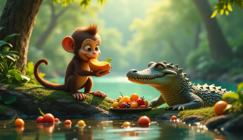 One day, as the monkey was munching on the fruits, he noticed a crocodile resting by the river. The crocodile looked tired and hungry. Feeling sorry for him, the monkey called out, “Hello, Mr. Crocodile! You look hungry. Would you like some of these delicious fruits?”
Crocodile: “Oh yes, I’m very hungry. I haven’t eaten anything all day.”