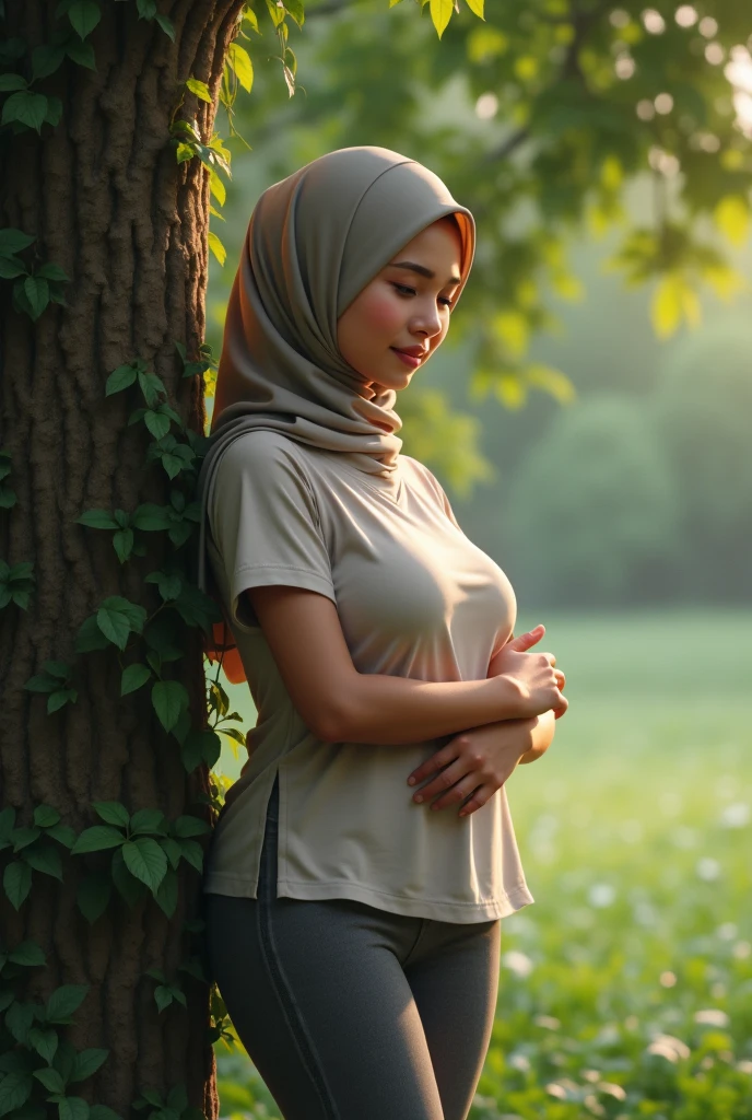 Show a slightly chubby Malay female, pose beside a tree. Hugging herself. Wearing hijab, tighted tee and leggings.