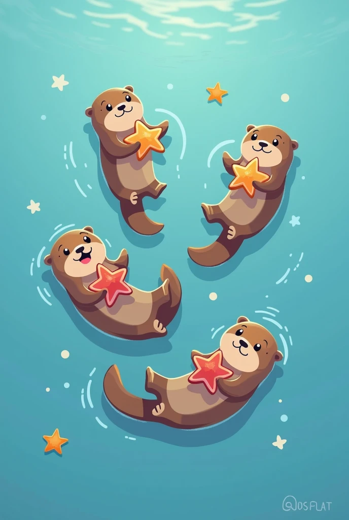 Top-down view of a group of five or more playful sea otters floating together in a cartoon style, each holding a sea star. The sea stars should have simple, distinct outlines to make them easy to recolor in post-production. The otters are cute and expressive, with varied poses and playful interactions. The background is a calm, flat blue ocean, adding to the lighthearted and cheerful atmosphere.
