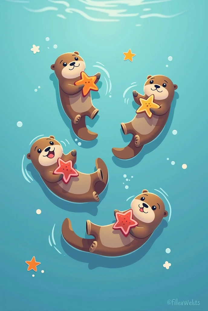 Top-down view of a group of five or more playful sea otters floating together in a cartoon style, each holding a sea star. The sea stars should have simple, distinct outlines to make them easy to recolor in post-production. The otters are cute and expressive, with varied poses and playful interactions. The background is a calm, flat blue ocean, adding to the lighthearted and cheerful atmosphere.