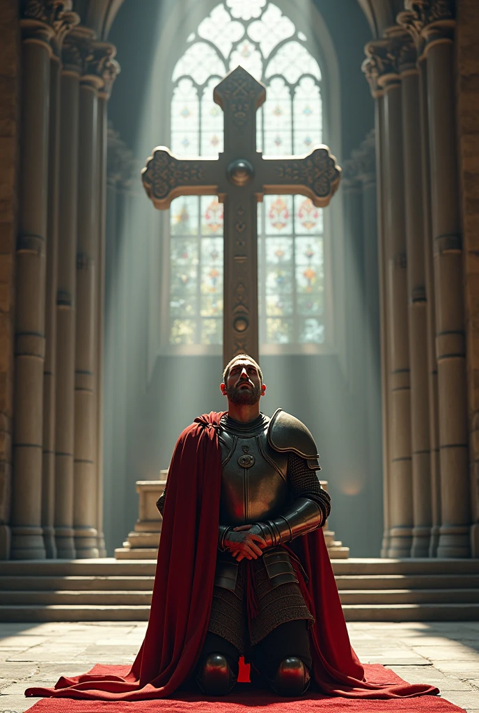 Templar soldier in armor kneeling in front of a cross praising God