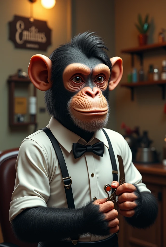 Chimpanzee barber with side parting hairstyle, with white shirt and bow, with scissors and a knife holder in his hands, sign on the wall of Emilius Barbería 