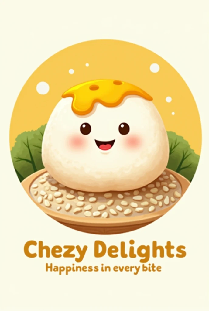 The logo features a stylized, smiling, and slightly abstracted puto (a round, soft steamed rice cake) with a slice of cheese melting on top. The colors are warm yellows, whites, and hints of green, giving it a fresh and appetizing look. The brand name, "Cheezy Delights," is written in a playful yet clean font. The tagline "Happiness in Every Bite" is placed below the name, encapsulating the joy and comfort your product brings. The overall design has a circular shape with a subtle rice grain texture in the background, symbolizing the core ingredient of puto.