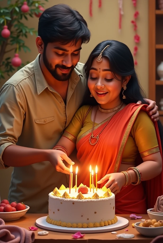 Indian married Chubby women birthday cake cutting with young boy friend