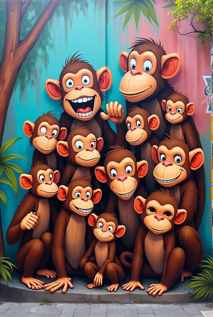 Create me a graffiti of a family of monkeys that has 3 babies, one girl and two boys , 2 teenagers, one female and the other male , 7 adults 3 men 4 women and dad and mom in total 13 monkeys that have different gestures can be cartoon monkeys remember there are 13 monkeys 
