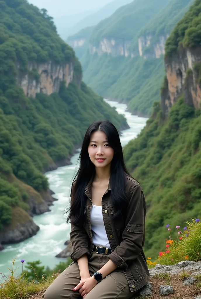 Beautiful Korean girl, smooth white skin, well-groomed face, long black hair. Dark brown jeans jacket, white t-shirt, cargo pants, cool black watch, sitting on a high mountain, in the background, visible from above is a river flowing fast from a waterfall. . Trees, green and spacious rice fields, cliffs covered with moss and beautiful flowers, original photos, realistic.