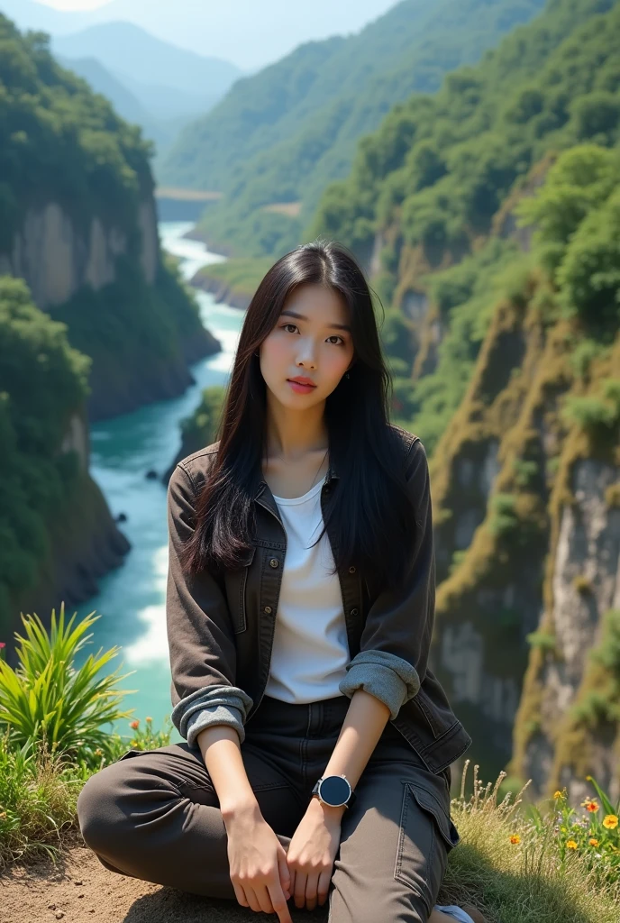 Beautiful Korean girl, smooth white skin, well-groomed face, long black hair. Dark brown jeans jacket, white t-shirt, cargo pants, cool black watch, sitting on a high mountain, in the background, visible from above is a river flowing fast from a waterfall. . Trees, green and spacious rice fields, cliffs covered with moss and beautiful flowers, original photos, realistic.