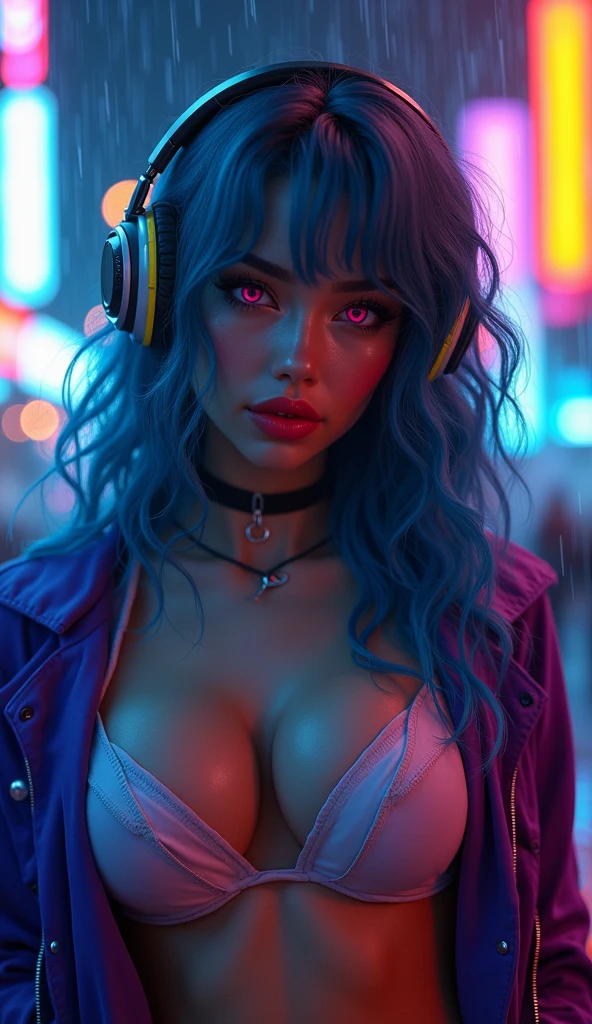 (Close-up of a better masterpiece: 1.5) 0.9], (Garota synthwave defined body, perfect muscles, huge breasts: 1.2) (long curly BLUE hair, Wearing Headphones: 1.1) (Xanthochromia, Heterochromia and red eyes: 1.2) (wearing a purple jacket: 1.0) (thick lips: 1.0) (background a dark and rainy futuristic city: 1.1) high definition, in detail, 4K