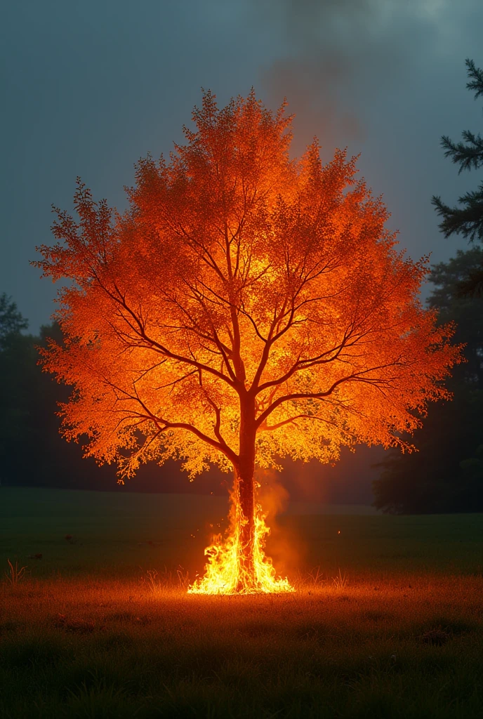 bush with the leaves of the tree on fire, in 8K