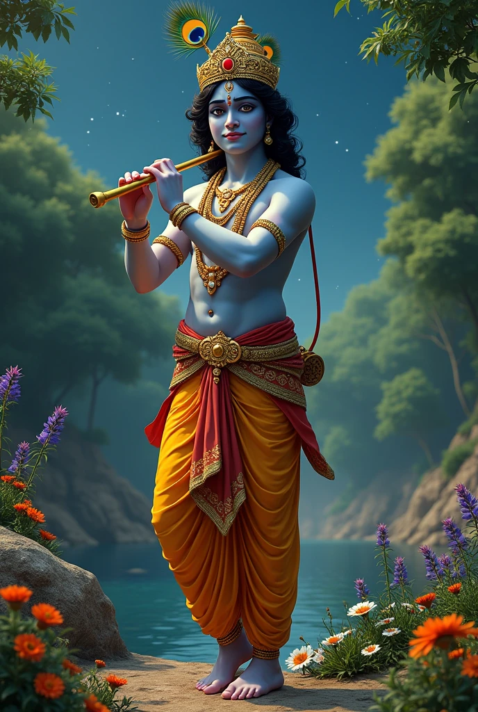 A highly realistic and detailed image of God Krishna on Krishna Janmashtami. Krishna is depicted with a human-like appearance, featuring natural skin tones, expressive eyes, and realistic facial features. He is adorned with a golden crown that includes peacock feathers, and his clothing consists of a traditional silk dhoti with intricate gold embroidery. Krishna holds a flute in his hands, standing in a serene setting with lush green trees, colorful flowers, and a gentle river in the background. The scene is set under a starry night sky, capturing Krishna's divine yet God-like presence