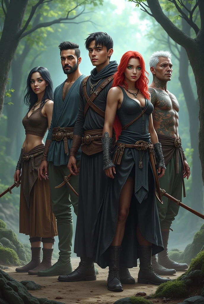 Group of 5 members, human green eyes, black hair, staff, with green clothes, An elf, red hair and green eyes with a bow and arrow 2, a human with hair, black clothing, 21 years, one brown eye and one blue, a human monk with black hair, a man with white hair and tattoos on his body