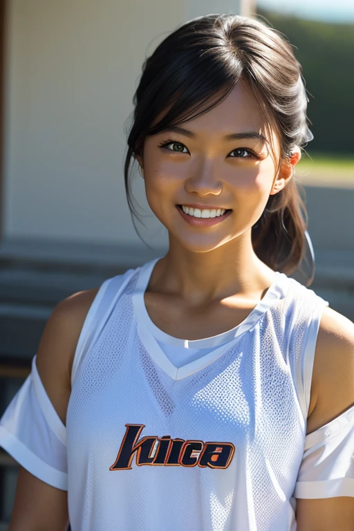 (8k, RAW photo, best quality, masterpiece), (photorealistic), outstanding details, ultra-high resolution, anatomically correct, textured skin, (Extremely precise and accurate anatomy),
Ultra Detailed Face, Detailed Eyes, 

(Cute Japanese girl), 

Lacrosse player, tanned skin, smiling face,

(backlighting), 
reflection light, 
atmospheric perspective, depth of field, 
(dramatic lighting), cinematic lighting, 