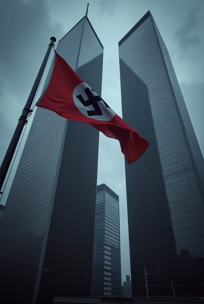Make me the Nazi flag hanging between the twin towers, world trade center nueva york, 90's