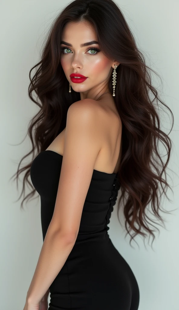 1 woman, full body shot (1.3),close up face shot (1.3), face shot, corridor,Soft Light, American Beauty,Tight Fit,dress,Light-haired,long hair,
white background, gorgeous American woman, doll face, with thick and long wavy dark chocolate brown hair, big and large slender cat shsoed emerald green bright eyes, long and thick curly black eyelashes, upturned nose, high nose bridge, fullest and plumpest with a pout at the top rosy red luscious lips, oval and heart face shape mix, high cheekbones, shorter fave, shorter chin, defined jawline, tiny face size, pale milky white traslucent perfect skin, whitening skin, hourglass shaped body, tiny and narrow waist, rounded hips, long and slender beautiful legs, big perfect brests (1.4), large breasts, bust size 84 cm, waist 57 cm, hips 86 cm, bra size 34 D, tall at 5’8, full body image, realistic, photorealistic, ultradetailed, skin texture, hyperealismHigh Resolution, Closed Mouth, highly detailed, high resolution 8K, wearing a tight fit black dress highliting her horglass body, detailed jewlry, 25-years-old