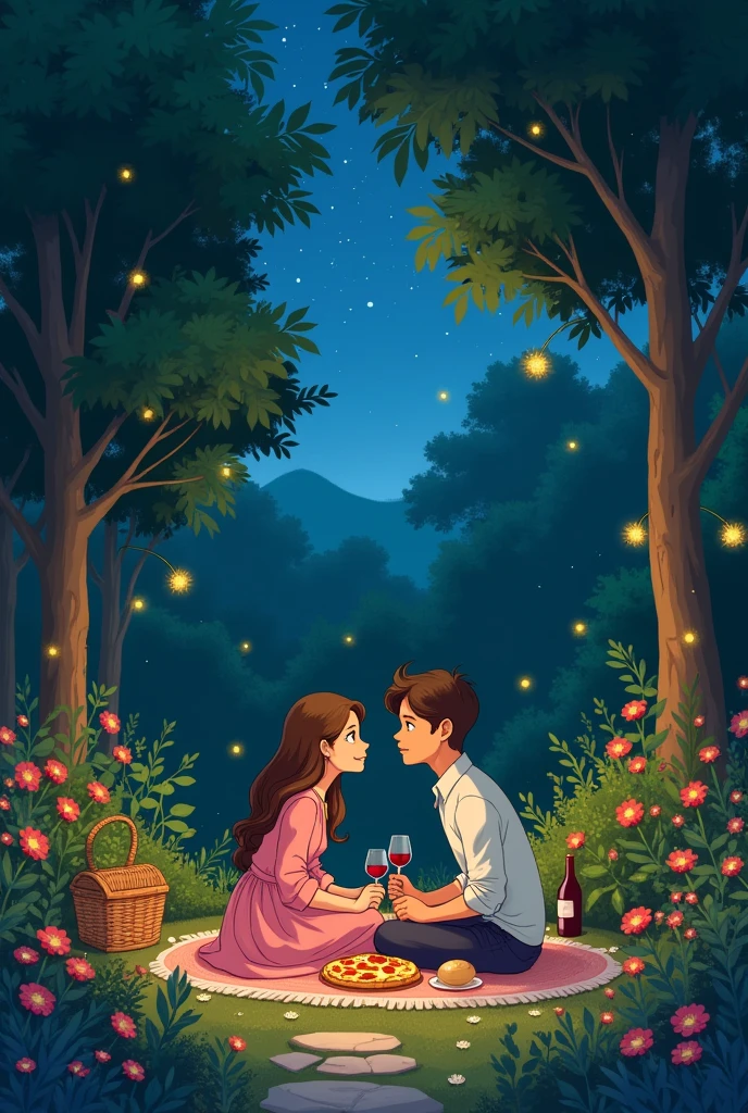 A romantic night with pizza and wine in the garden, studio ghibli, illustration