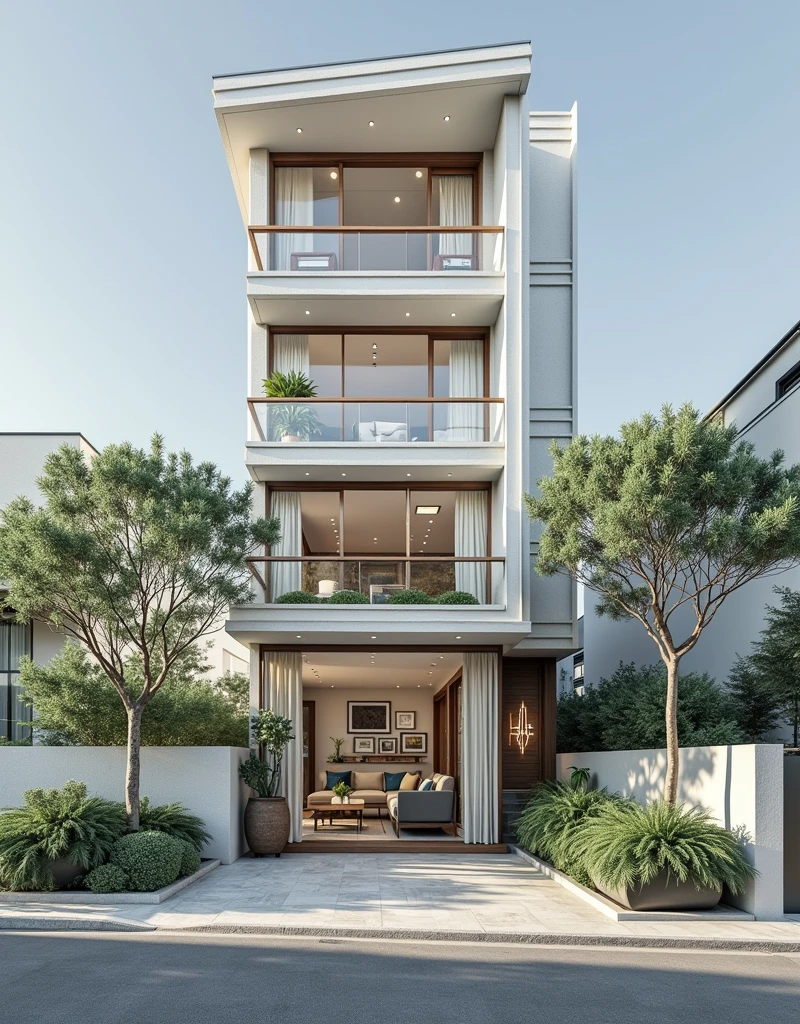 The space is designed according to Feng Shui rules, colors, architecture, style, perspective outside the house, modern style, moderate lighting, large balcony