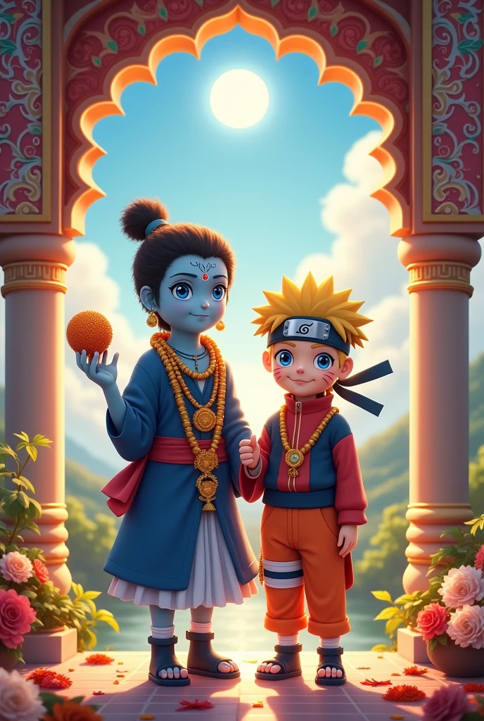Create a cute image of Naruto & Shree Krishna for wishing anime fans "Happy Janmashtami"