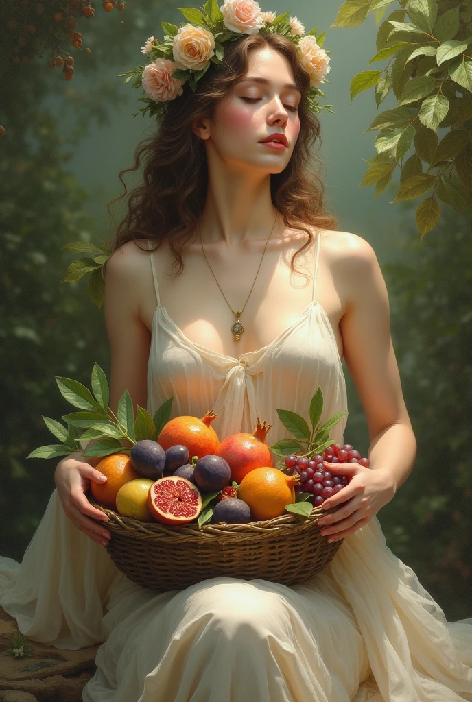 Create an artwork featuring a nude woman embodying the essence of a goddess of abundance and fertility. She is seated gracefully with her knees drawn up, cradling a basket overflowing with various fruits such as grapes, figs, and pomegranates. Her hair is adorned with a crown of flowers and leaves,