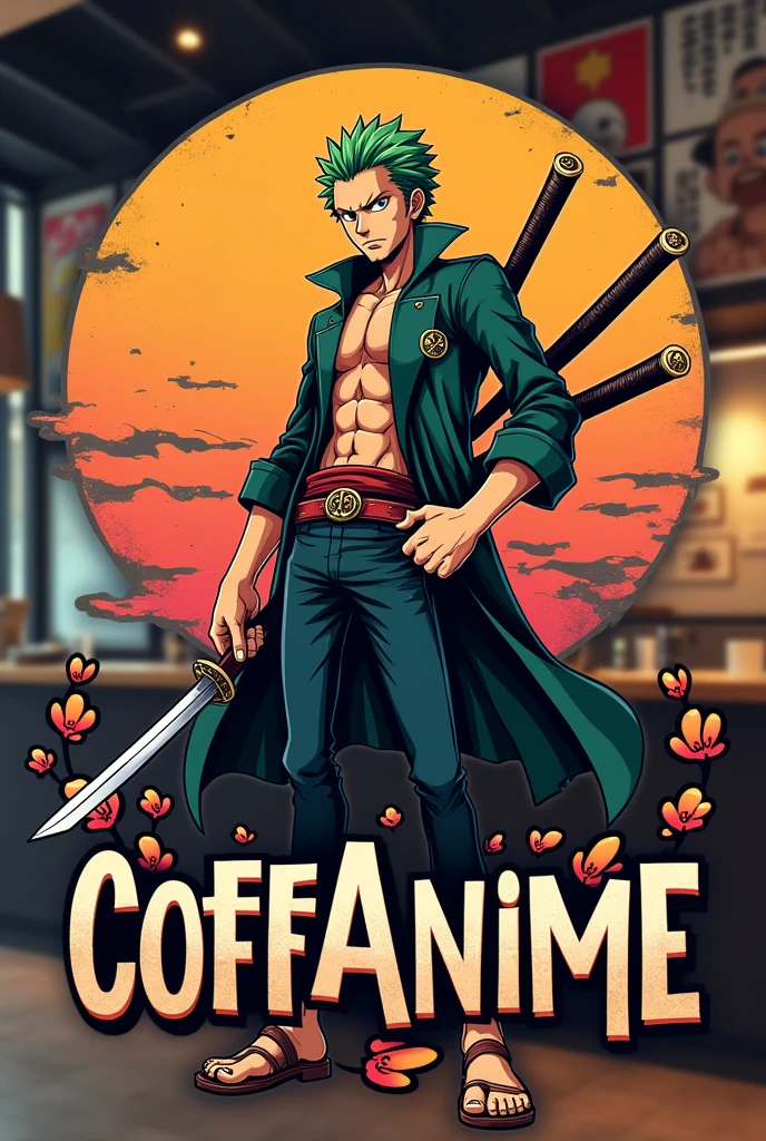 I want a logo for an anime themed cafe, The cafeteria is called "COFFANIME" and I want Zoro Roronoa to appear as the image of MY COFFEE SHOP