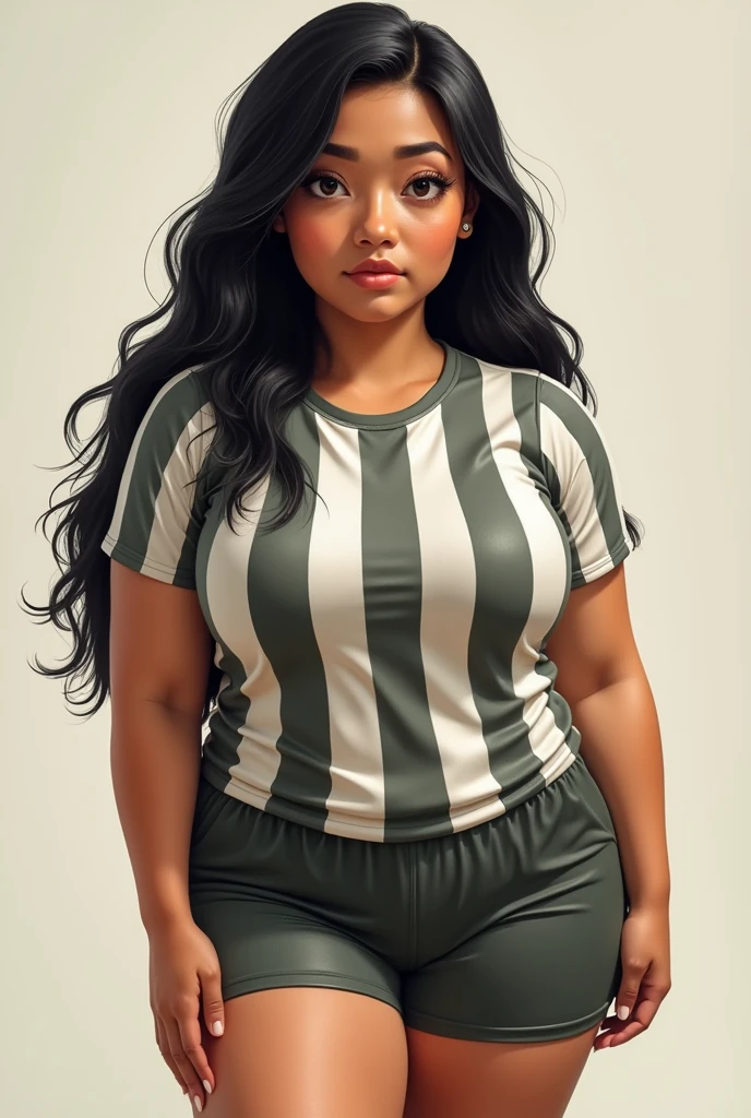  A single 3 woman, round face, thin eyebrows, rounded eyes, Wide nose, fine lips, long black hair, Full and wide body, short stature, clothing in sports shorts, large striped shirt, and her name is Miriam Camacho, small bust,  thinner