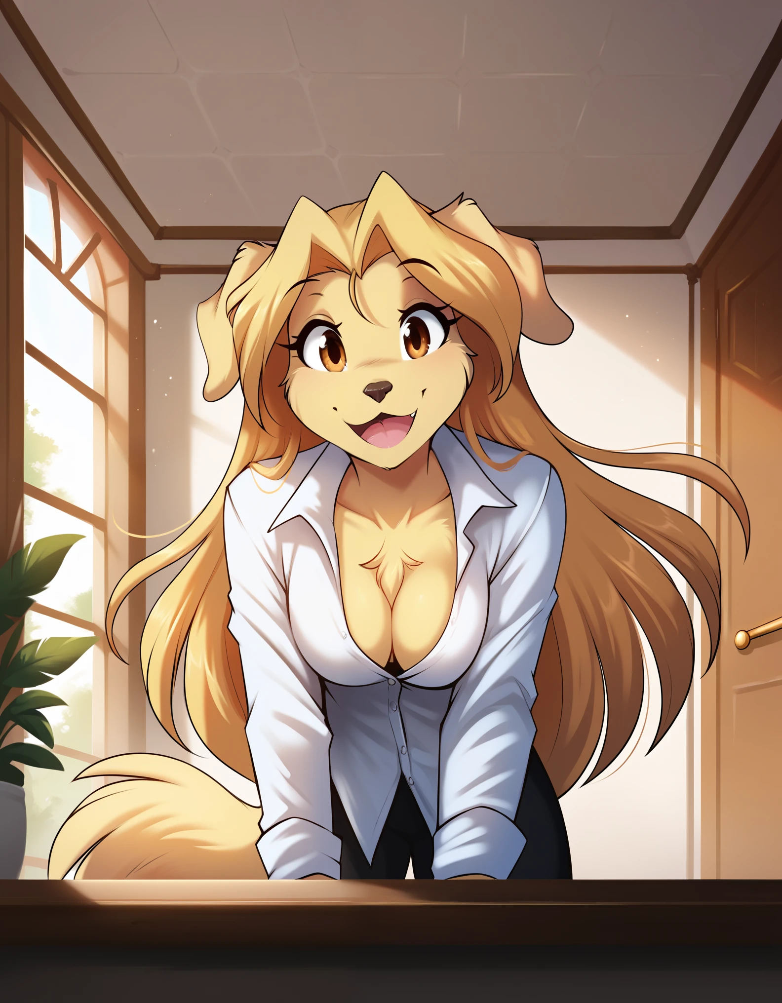 score_9, score_8_up, score_7_up,  tomfischbach, 1girl, solo, furry, golden retriever, white shirt, cleavage, (happy:1.2), smile, long hair, brown eyes, chest tuft, detailed background, indoors, leaning forward,