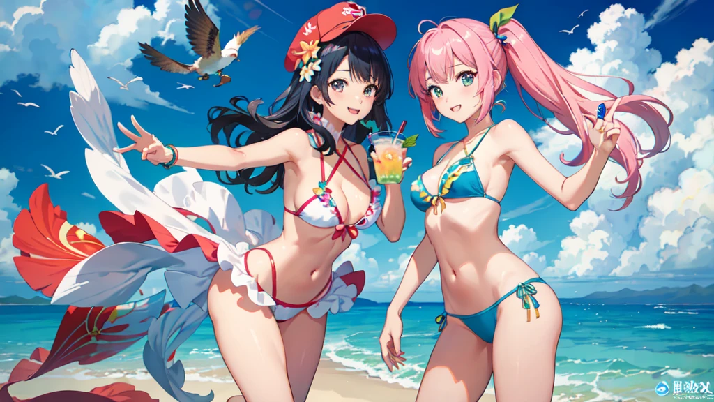 masterpiece、Ultra-high-resolution anime-style illustrations。Hawaii beach、Two very cute。Wearing a cute swimsuit、Drink tropical drinks。Colorful Hair、Colorful eye color。Natural Makeup、Both of them are smiling。