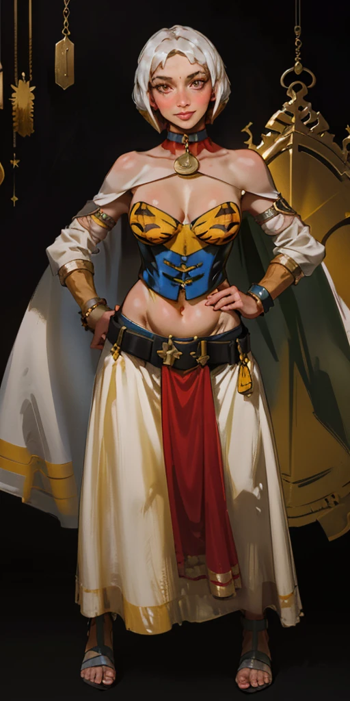 ((BLACK BACKGROUND 1:2, masterpiece)) 1solo female full body standing straight symmetrical with two long thighs and two metal sandals, red eyes like rubies, looking to the viewer, silver white hair, short bob style hair, big knockers breastplate, breastplate, cleavage, tiara royal, long cape up to two feet, yellow bikini (yellow tiger stripes), lustful smirking smiling, smile face (red blushed, red cheeks), pauldrons metal shoulders, gold sleeveless bracelets, separate sleeves, hands on waist hands OR hips, golden bracers, metal handcuffs, leather corset, red loincloth, black leather choker slave collar, shackles bracelets, slave red crest under navel, navel, big belt around waist OR hips, feet together, metal ankles