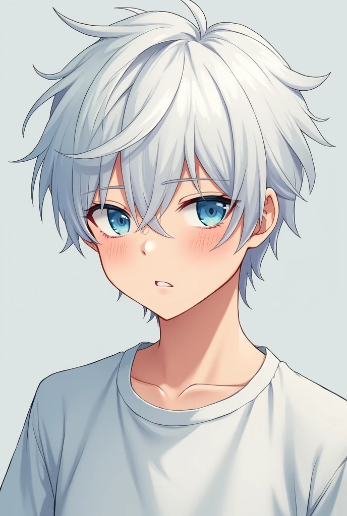 Manga boy over tall teenager white hair blue eyes with low shine t-shirt not so much