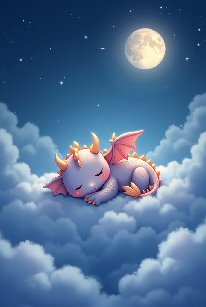 A Cute sleepy chibi dragon up in the clouds and a night theme