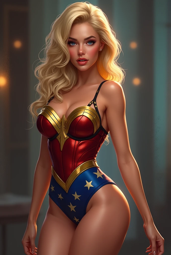 Femme blonde sexy au yeux bleus grosse fesses et gros seins en tenus de sport une pièce au motif wonder woman elle doit avoir la peaux mat et une pose sexy ses cheveux doivent être ondulés