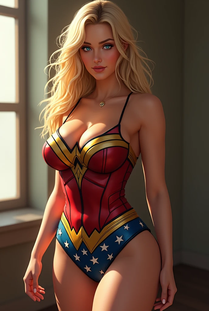 Femme blonde sexy au yeux bleus grosse fesses et gros seins en tenus de sport une pièce au motif wonder woman elle doit avoir la peaux mat et une pose sexy ses cheveux doivent être ondulés 