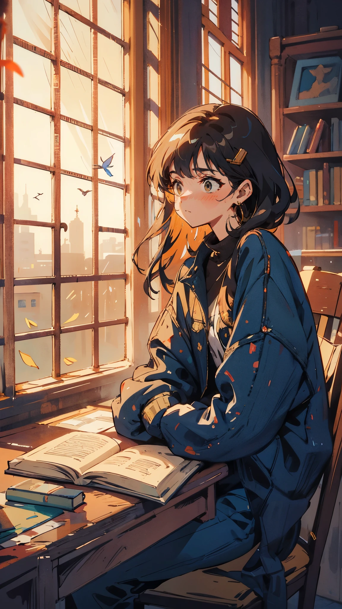 A reflective girl sits by a large window in an old library, her dark coat contrasting with the warm, golden light filtering through the dusty glass. Outside, the city skyline is visible in the distance. She watches the leaves of a nearby tree flutter in the wind as she slowly turns the pages of an ancient book, fantasy world, dark background, clean design, epic, artstation, colorful paint splatter, silhouette, hyper detailed intricate details, unreal engine, fantasy, splash screen, complementary colors, deviantart masterpiece, oil painting, heavy strokes, paint dripping, indifferent expression