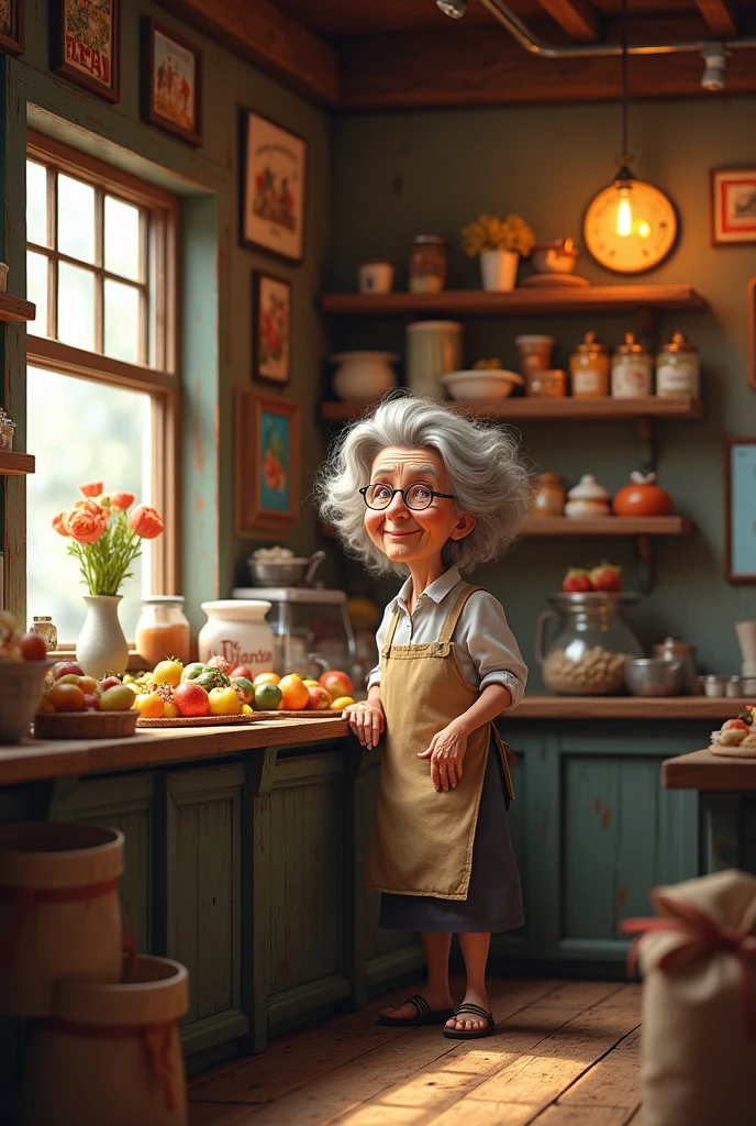 Give me an image of a grandmother who runs a neighborhood store.