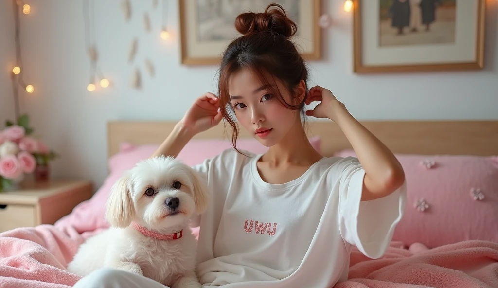 a beautiful tanned japanese woman 2 wearing white messy loose t-shirt, write "uWu" on her t-shirt, with messy bun hair highlighted brown, seen sitting and fixing her hair looking at camera on her glittery cozy fluffy messy glittery soft pink sheet bed, pink fur blanket, broken white wall in her room with paintings on the wall and pink rose petals on the bed too, fluffy fur maltese mini laying beside her, glitters and particles and nice lighting, UHD, HDR, 8k, Masterpiece