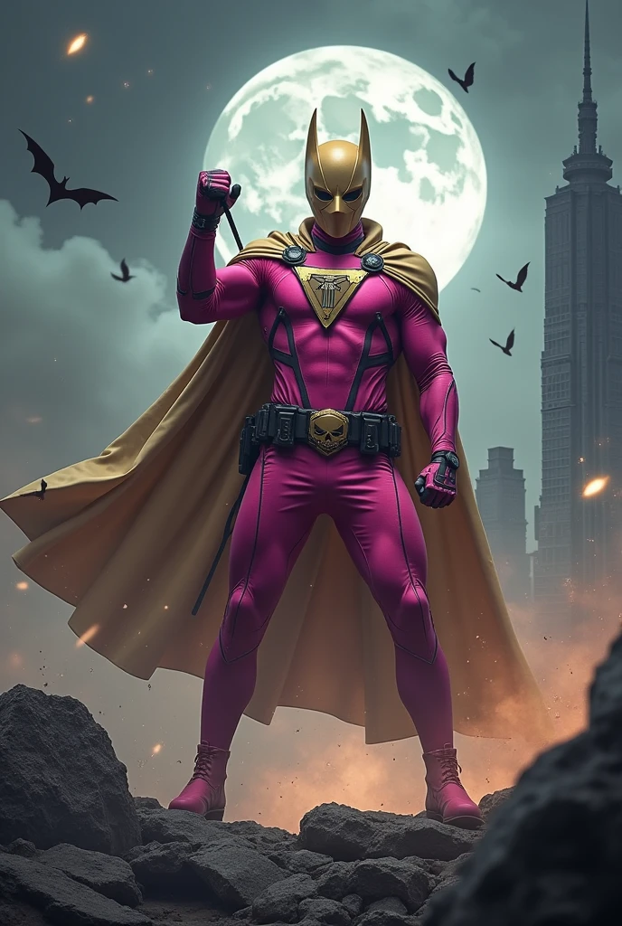 Malaysia man in high-tech suit, vivid effects, malaysian superhero (KELUANG MAN)(( in a striking pink and beige costume cyberpunk design, mask small mini bat ear beige, daredevil beige mask, ))jumpsuit dark pink stands confidently in a dramatic.jumping from high place.hero costume.one hand rise up. Big triangle logo on the chest.high detail Punisher logo on the chest. Fighting pose , stormy landscape. ((Head covered node guard like batman. Running pose , athletic body type, small mini ear bat mask))The character wears domino mask a helmet with pointed mini torn ears and a flowing cape biege, open nose and mouth. Equipped with visible futuristic weapons on a belt,bullet proof jacket pink dark day.show fingers pose, dark night, big supermoon effect . Small logo on chest triangle shape small punisher logo center(( skull triangle Casey Jones mask shape logo)) center on chest pink logo mini logo . rocky. Building top.smoke ground. Man hangging on the rope , bomb effect background, losse pants, losses costume.adding to --ar 3:4 --style raw --stylize 500 --v 6.1. chaos. Lot of small flying bat. One leg on the high stone. Man. Wear hologram watch.. Real man age 40 year old. One hand holding belt.one hand holding black rope hanging on building. Big pant pink. Beige cape joodie.(( Loose pant)) , jump on high building)marvel , X-Men.
