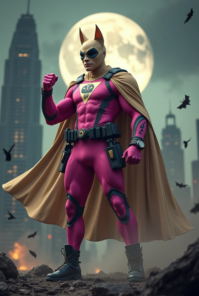 Malaysia man in high-tech suit, vivid effects, malaysian superhero (KELUANG MAN)(( in a striking pink and beige costume cyberpunk design, mask small mini bat ear beige, daredevil beige mask, ))jumpsuit dark pink stands confidently in a dramatic.jumping from high place.hero costume.one hand rise up. Big triangle logo on the chest.high detail Punisher logo on the chest. Fighting pose , stormy landscape. ((Head covered node guard like batman. Running pose , athletic body type, small mini ear bat mask))The character wears domino mask a helmet with pointed mini torn ears and a flowing cape biege, open nose and mouth. Equipped with visible futuristic weapons on a belt,bullet proof jacket pink dark day.show fingers pose, dark night, big supermoon effect . Small logo on chest triangle shape small punisher logo center(( skull triangle Casey Jones mask shape logo)) center on chest pink logo mini logo . rocky. Building top.smoke ground. Man hangging on the rope , bomb effect background, losse pants, losses costume.adding to --ar 3:4 --style raw --stylize 500 --v 6.1. chaos. Lot of small flying bat. One leg on the high stone. Man. Wear hologram watch.. Real man age 40 year old. One hand holding belt.one hand holding black rope hanging on building. Big pant pink. Beige cape joodie.(( Loose pant)) , jump on high building)marvel , X-Men.