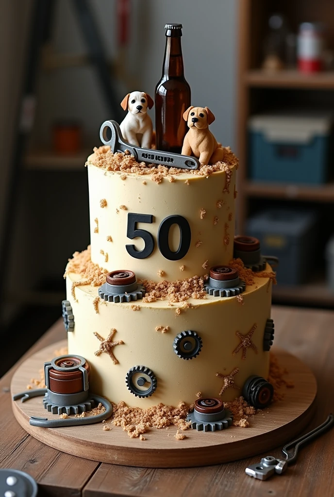 50th birthday cake for a man with butter cream who is a bit of a mechanical engineer, a little beer, a clamp and some dogs